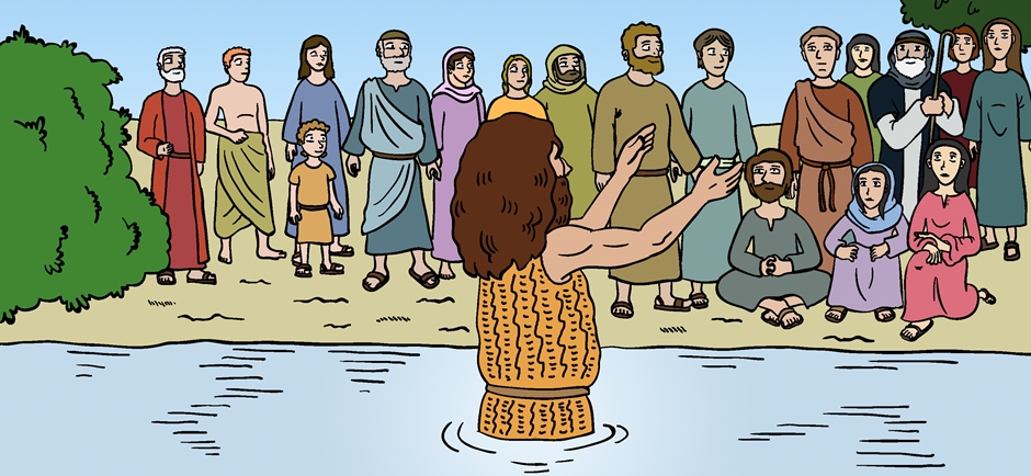 Joan Baptista a la gent: «Jo us batejo amb aigua: Jesús us batejarà en l’Esperit Sant»